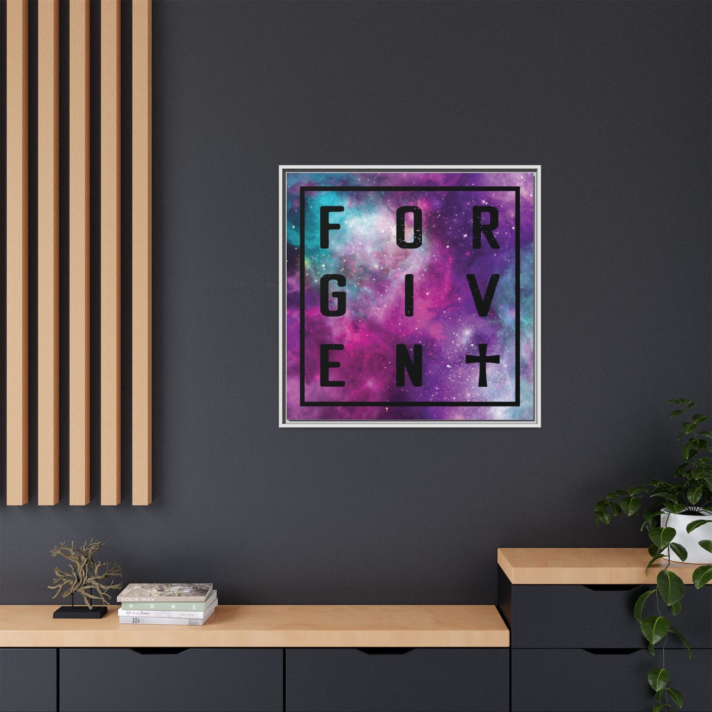 Framed Canvas Wall Art — "Forgiven" Galaxy Typography