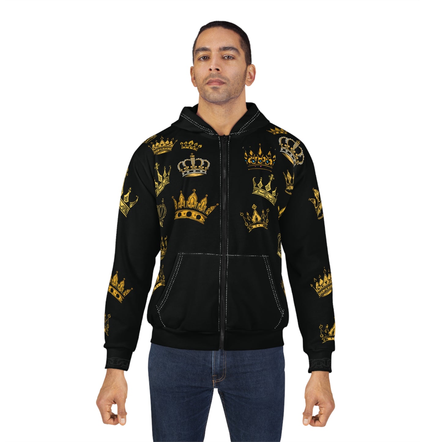 Black Wallstreet Zip Hoodie — Black & Gold Royal Emblem All-Over Print