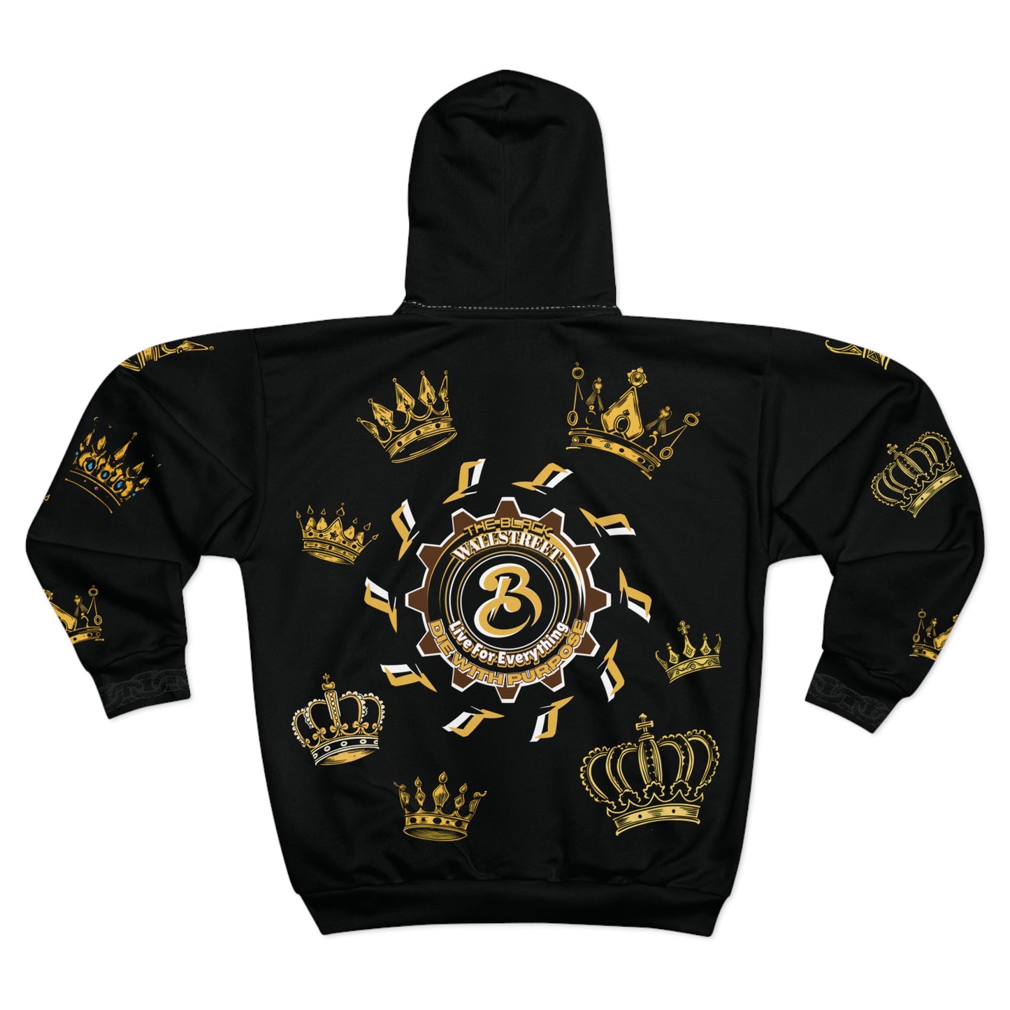Black Wallstreet Zip Hoodie — Black & Gold Royal Emblem All-Over Print
