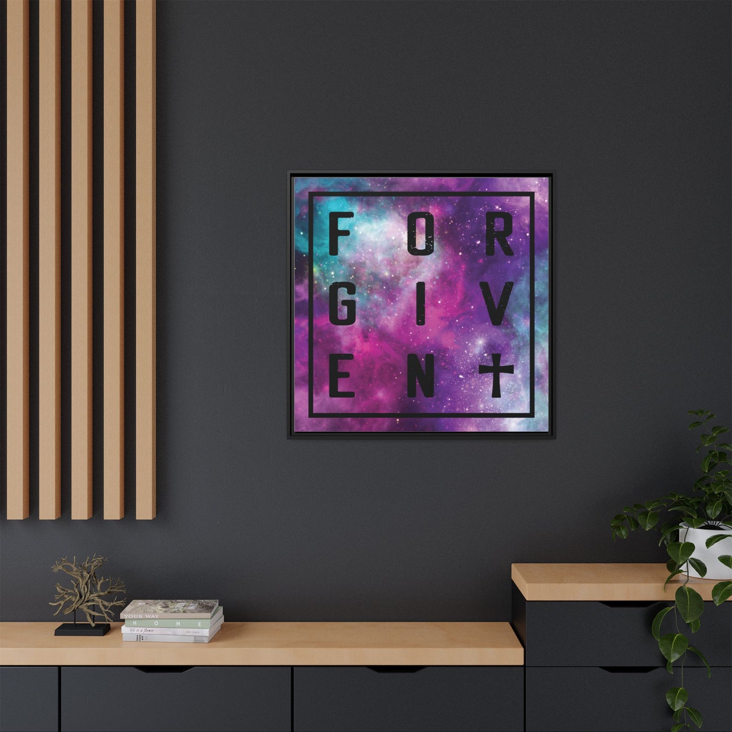 Framed Canvas Wall Art — "Forgiven" Galaxy Typography