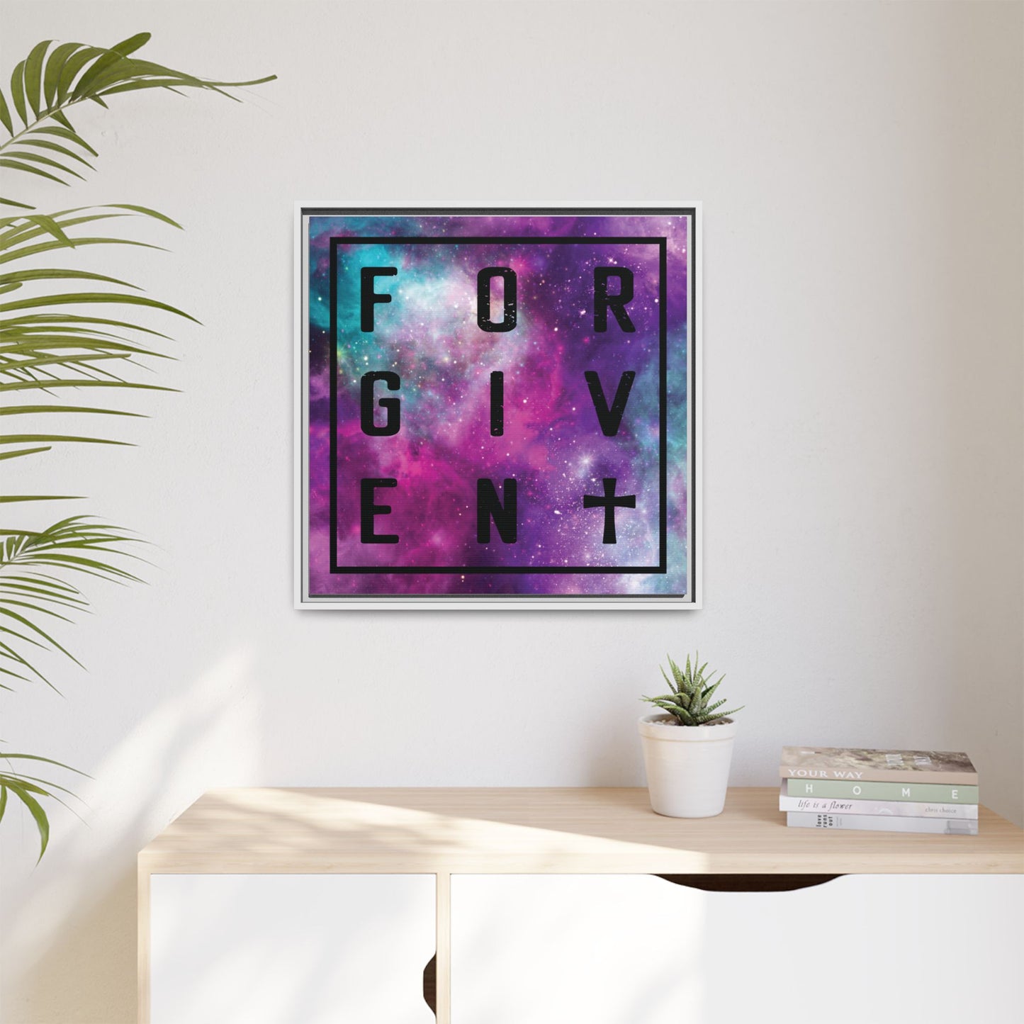 Framed Canvas Wall Art — "Forgiven" Galaxy Typography