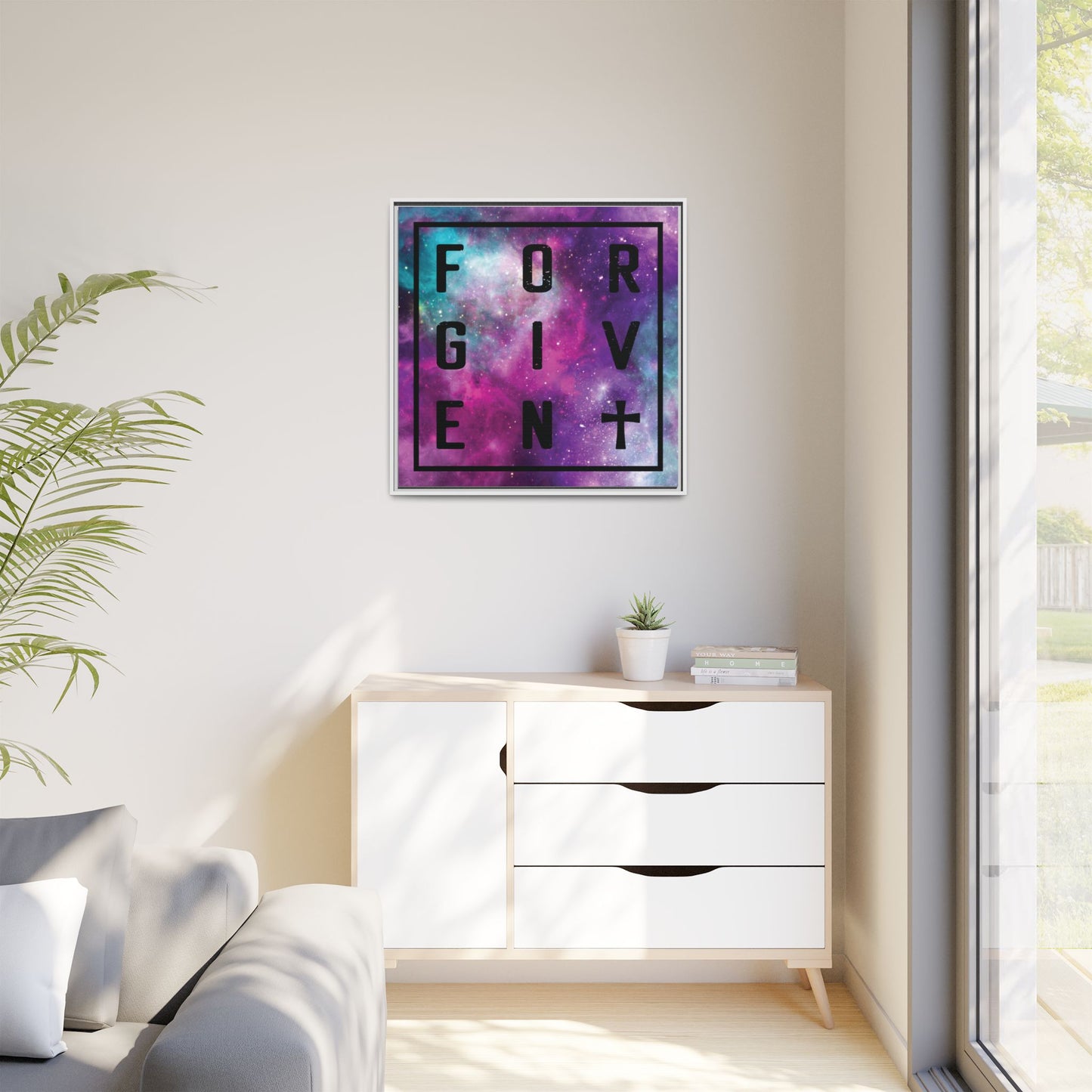 Framed Canvas Wall Art — "Forgiven" Galaxy Typography