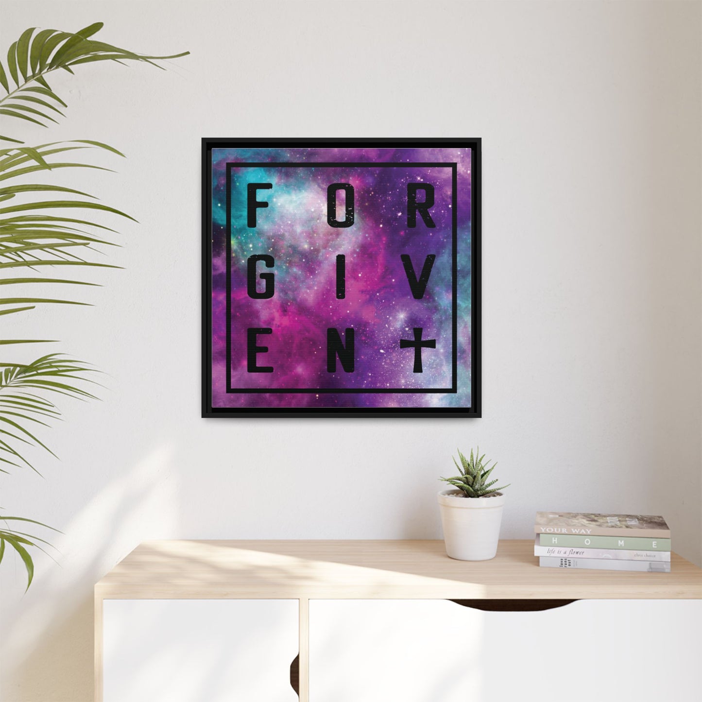 Framed Canvas Wall Art — "Forgiven" Galaxy Typography