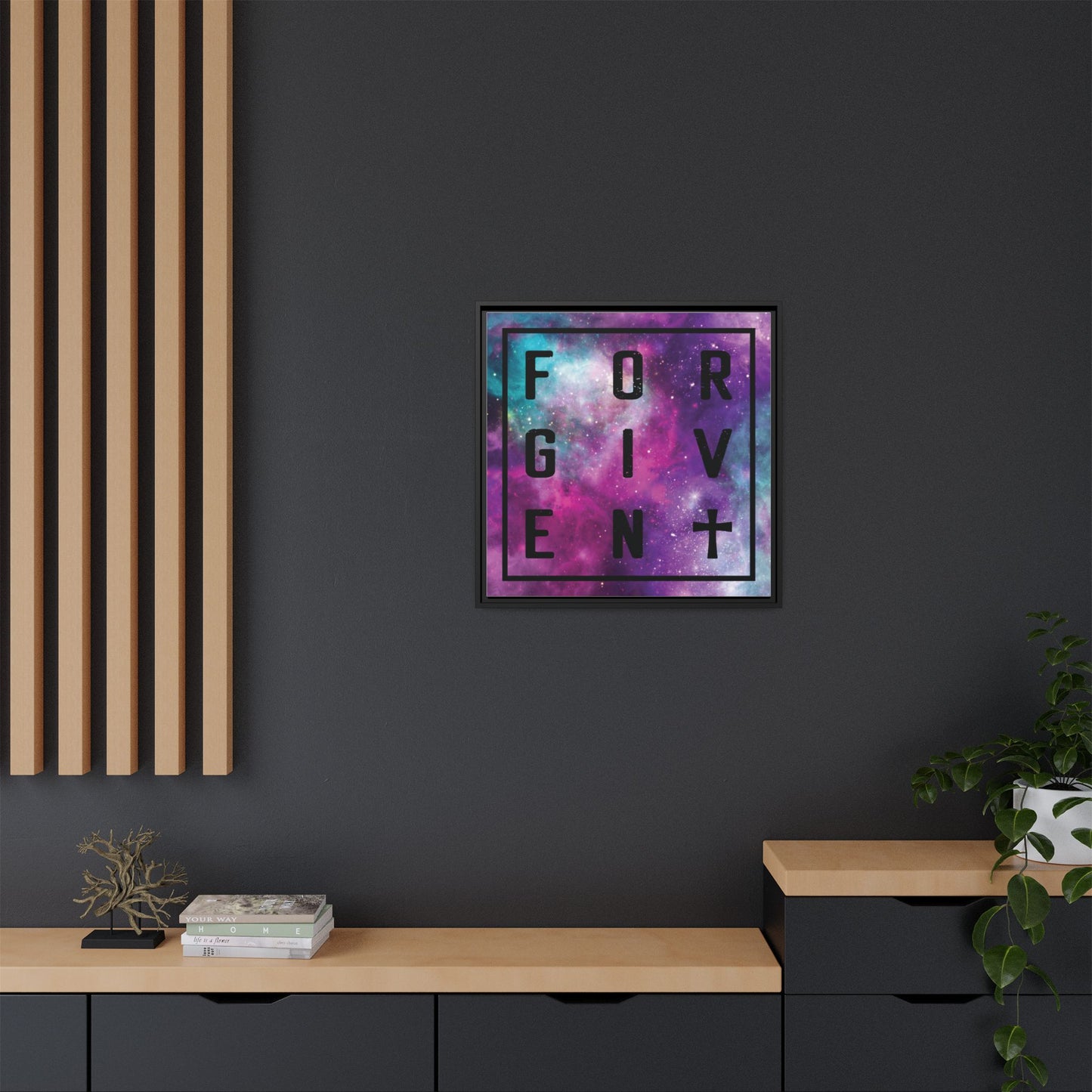 Framed Canvas Wall Art — "Forgiven" Galaxy Typography