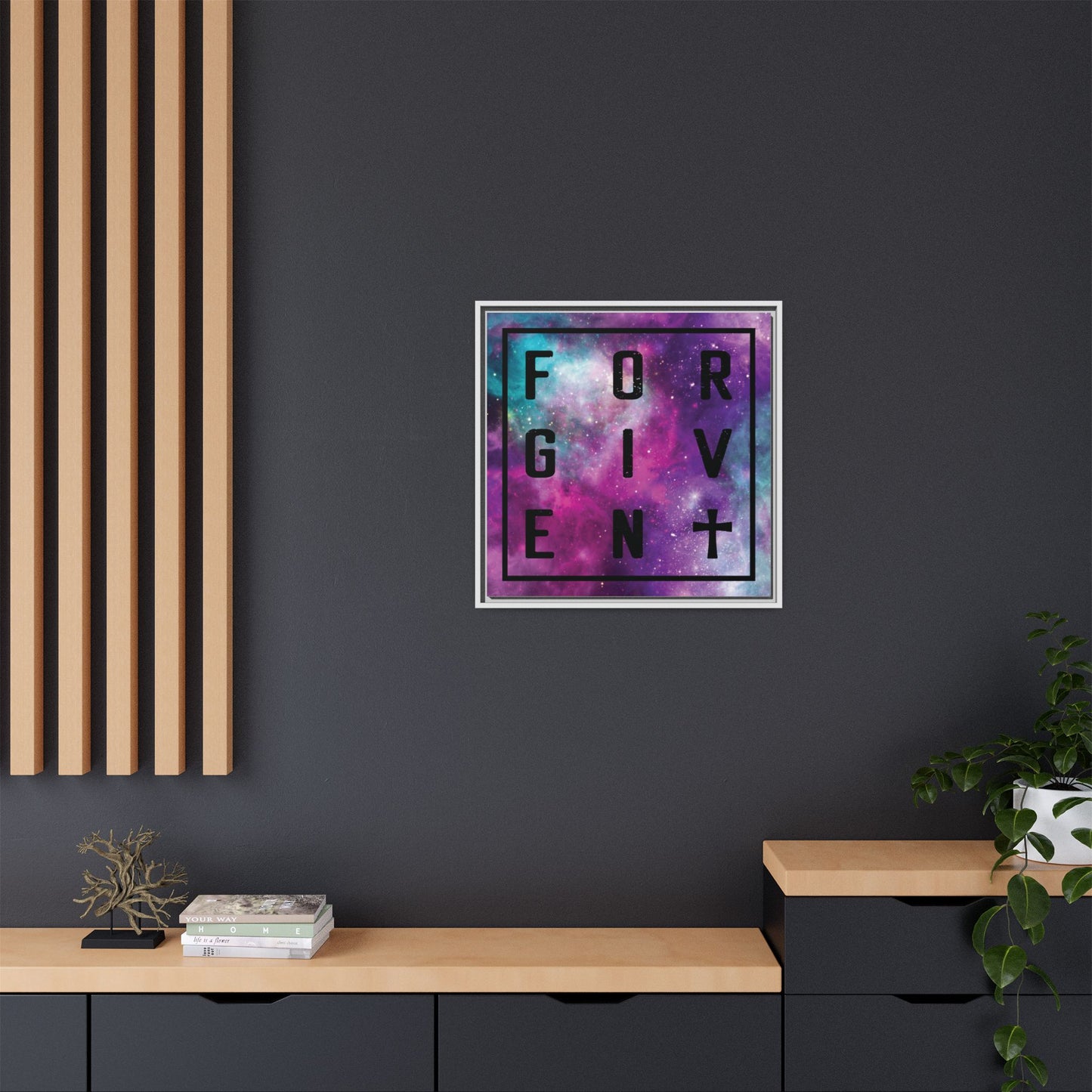 Framed Canvas Wall Art — "Forgiven" Galaxy Typography