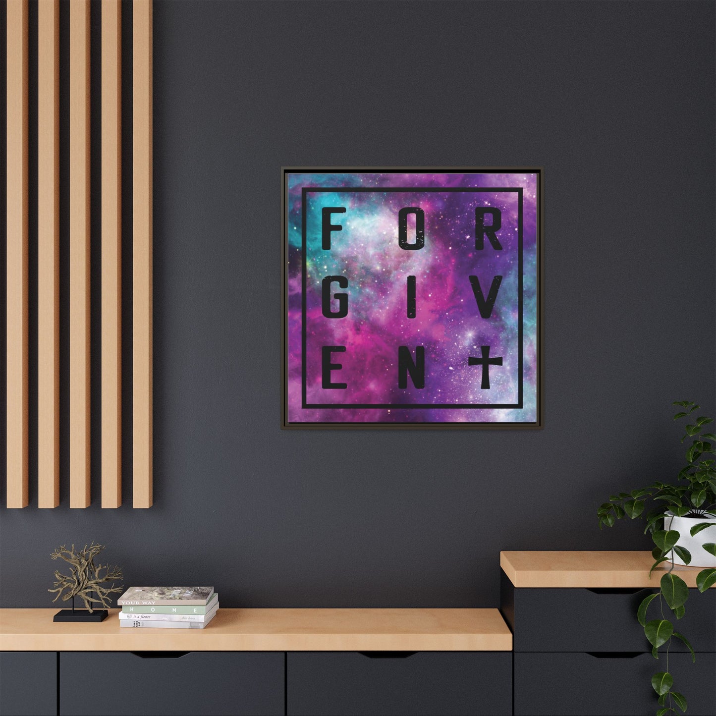 Framed Canvas Wall Art — "Forgiven" Galaxy Typography