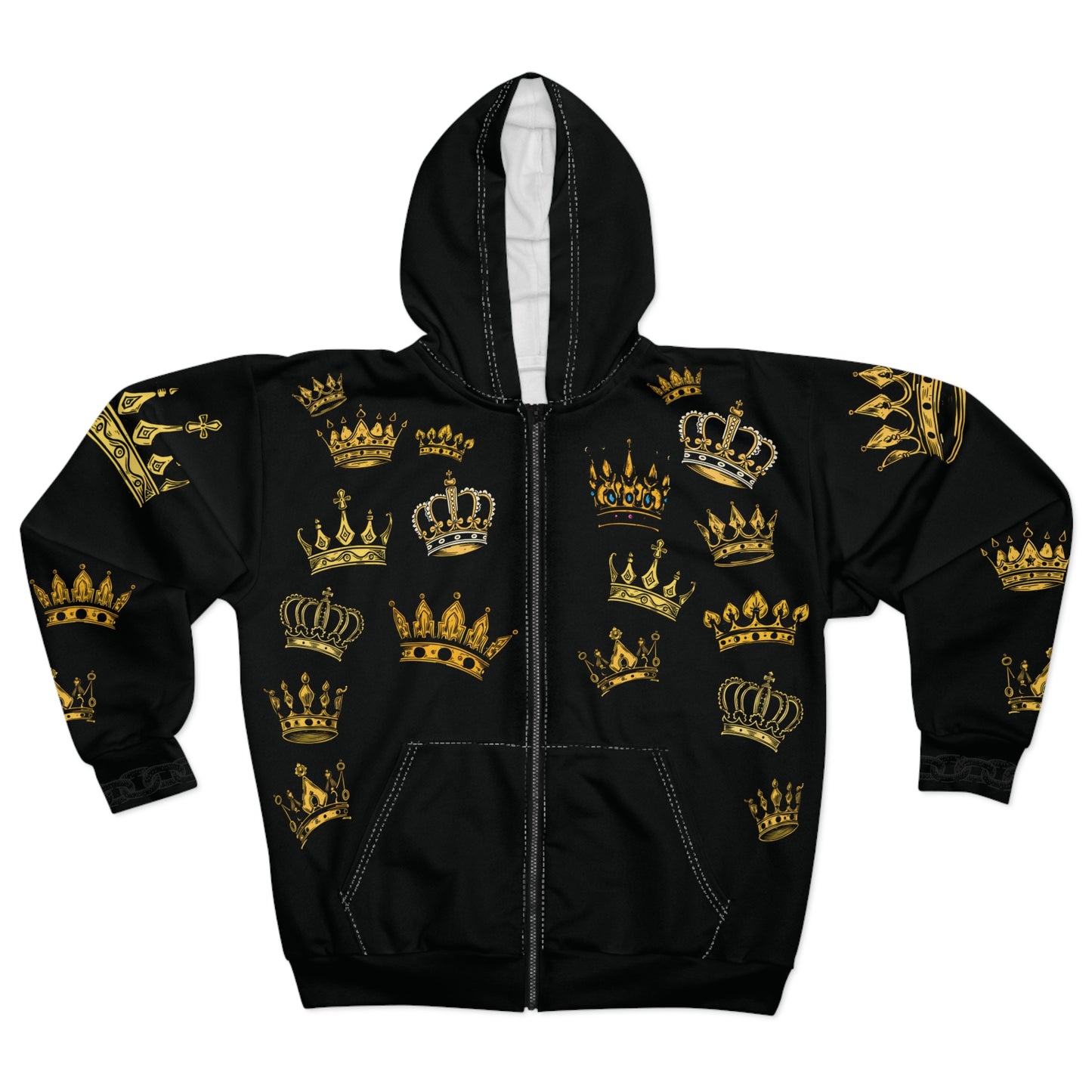 Black Wallstreet Zip Hoodie — Black & Gold Royal Emblem All-Over Print