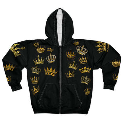 Black Wallstreet Zip Hoodie — Black & Gold Royal Emblem All-Over Print