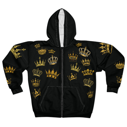 Black Wallstreet Zip Hoodie — Black & Gold Royal Emblem All-Over Print