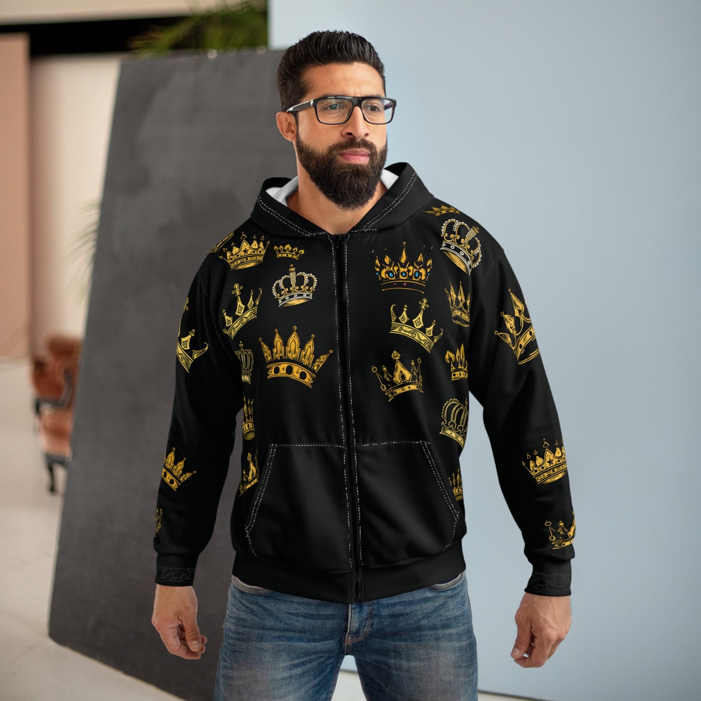 Black Wallstreet Zip Hoodie — Black & Gold Royal Emblem All-Over Print