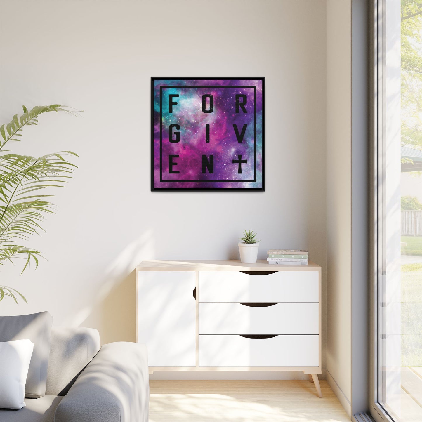 Framed Canvas Wall Art — "Forgiven" Galaxy Typography